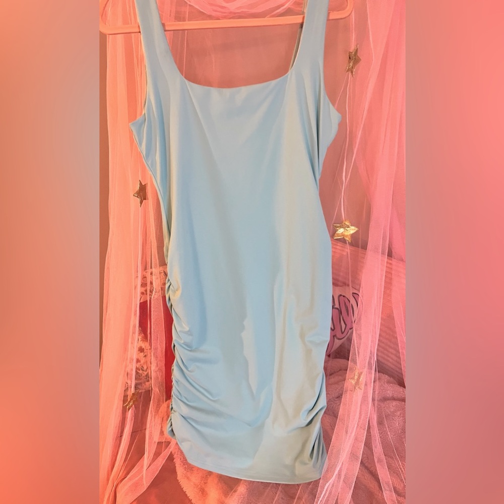 🌸 Bebe Sky Blue Dress w. Ruched Back & Sides | Large | GUC | Deep V-Back